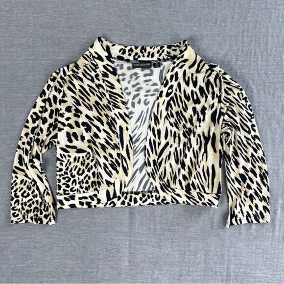 Nina Leonard Leopard Cheetah Animal Print Cropped Spandex Cardigan Size Medium - Picture 1 of 8